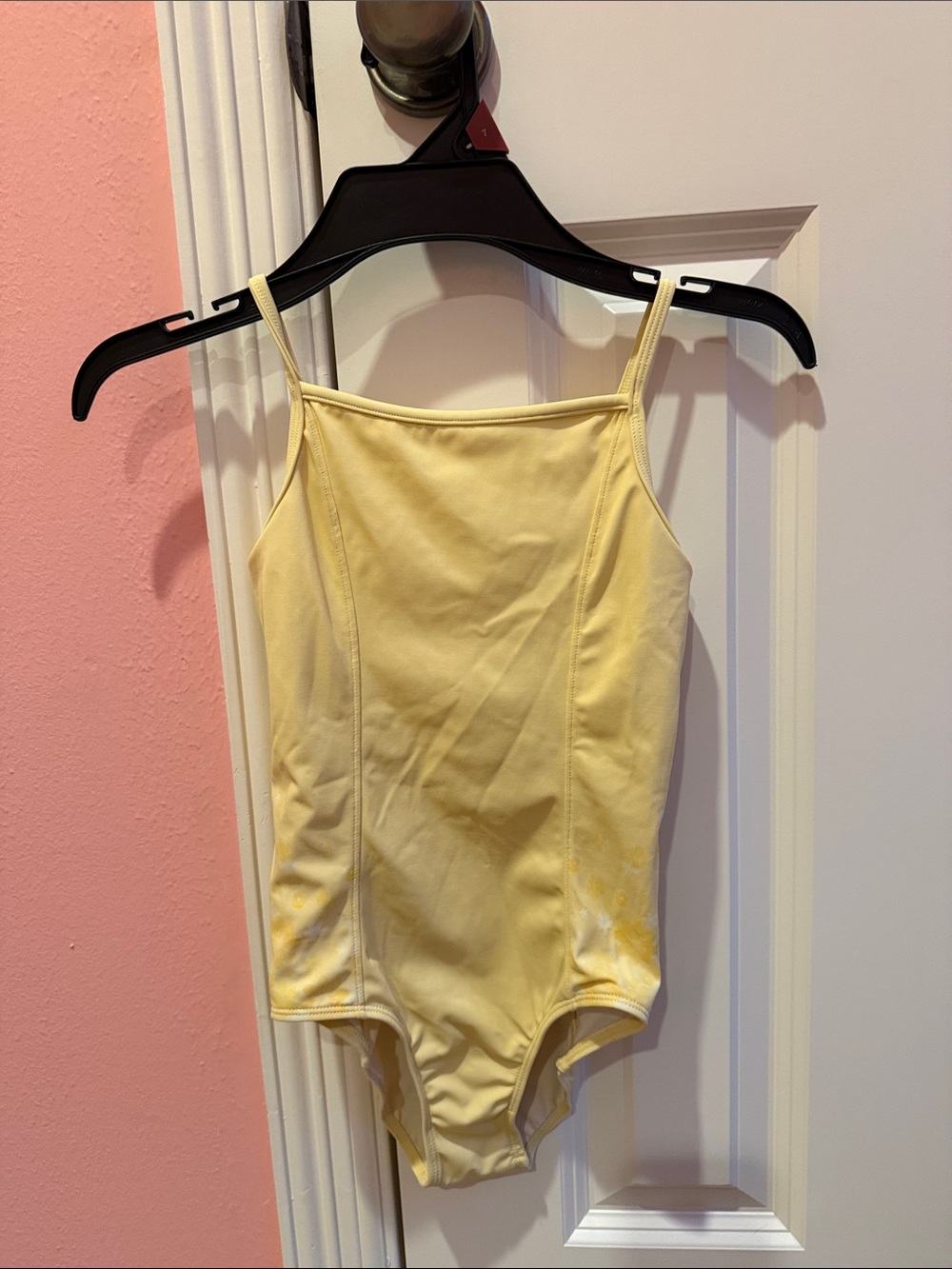 Bloch yellow flower dance leotard girls 8-10 mesh back spaghetti strap